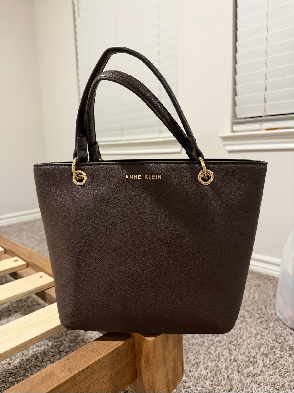 Anne Klein Dark Brown Pebble Leather Tote with Gold Hardware